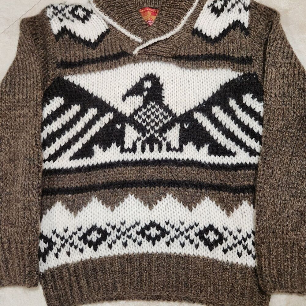 VTG Hand Knit Cowichan Thunderbird Mens M Medium Shawl Collar Eagle‎ Sweater - Picture 4 of 10